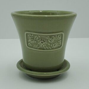 Longaberger Pottery Sage Green May Series Peony Flower Pot with Attached Saucer
